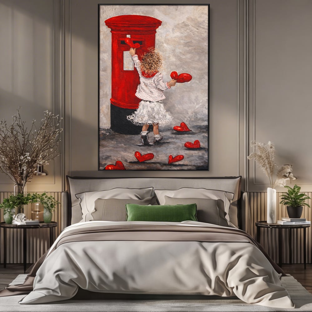 Tablou canvas cu pictura cu fetita si cutie postala, in rama de aluminiu negru, pe perete intr-un dormitor